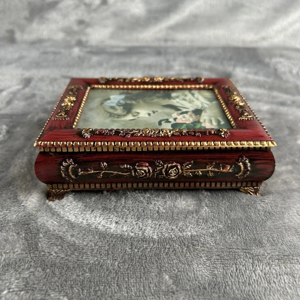 Vintage Style Red Gold Floral Jewelry Box Picture Frame Lid Keepsake Trinket Box
